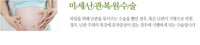 미세난관복원수술 피임을 위해 난관을 묶어주는 수술을 했던 경우, 혹은 난관이 기형으로 막힌 경우, 난관 주위의 복강에 유착증상이 있는 경우에 시행하게 되는 수술입니다